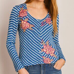 Anthropologie Sparrow Teal Stripe Floral Lighweight Knit Cardigan Size Small